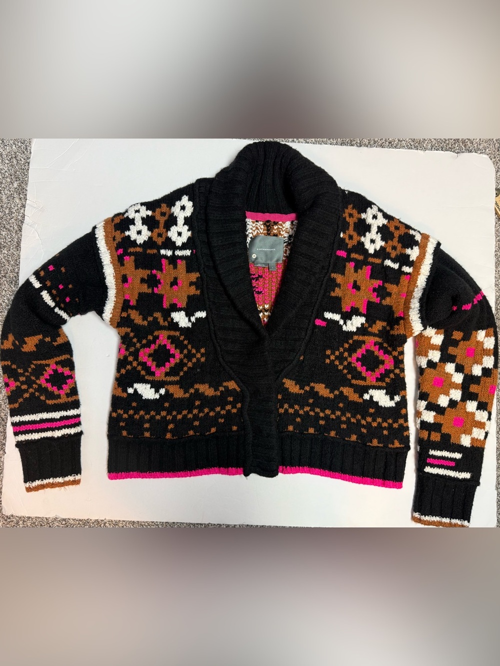 Anthropologie Thick knit Aztec Boho Black Shawl-Collar Cardigan 3 snap closure L - Picture 6 of 16